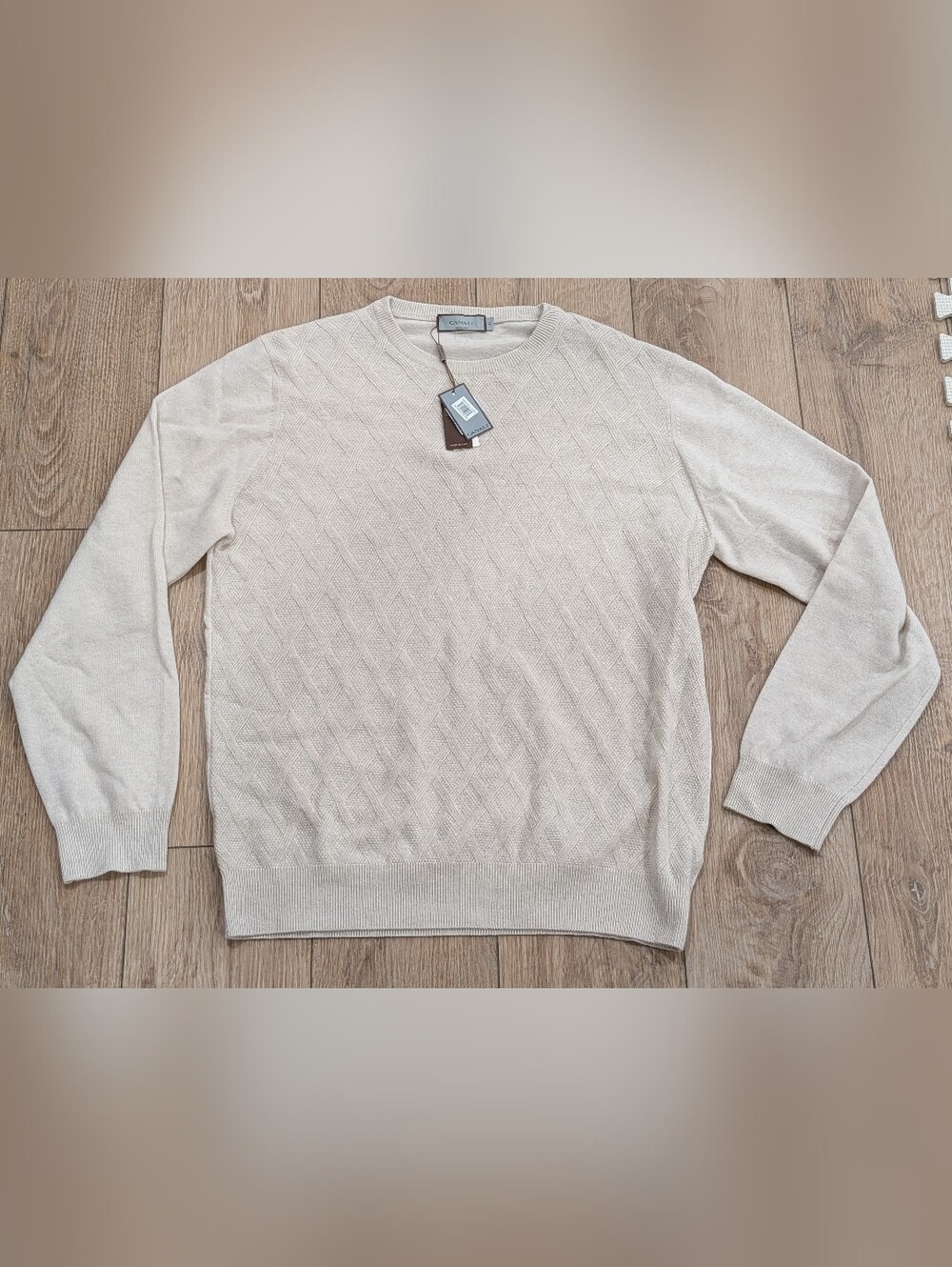 $695 Mens CANALI Diamond Wool Cashmere Crew Neck Sweater Beige 56 US 46